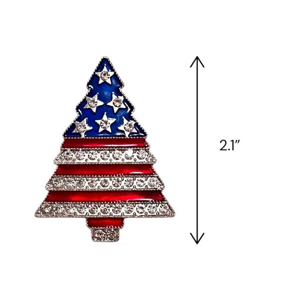 Patriotic American Flag Crystal Christmas Tree Silver Brooch - Picture 4 of 4